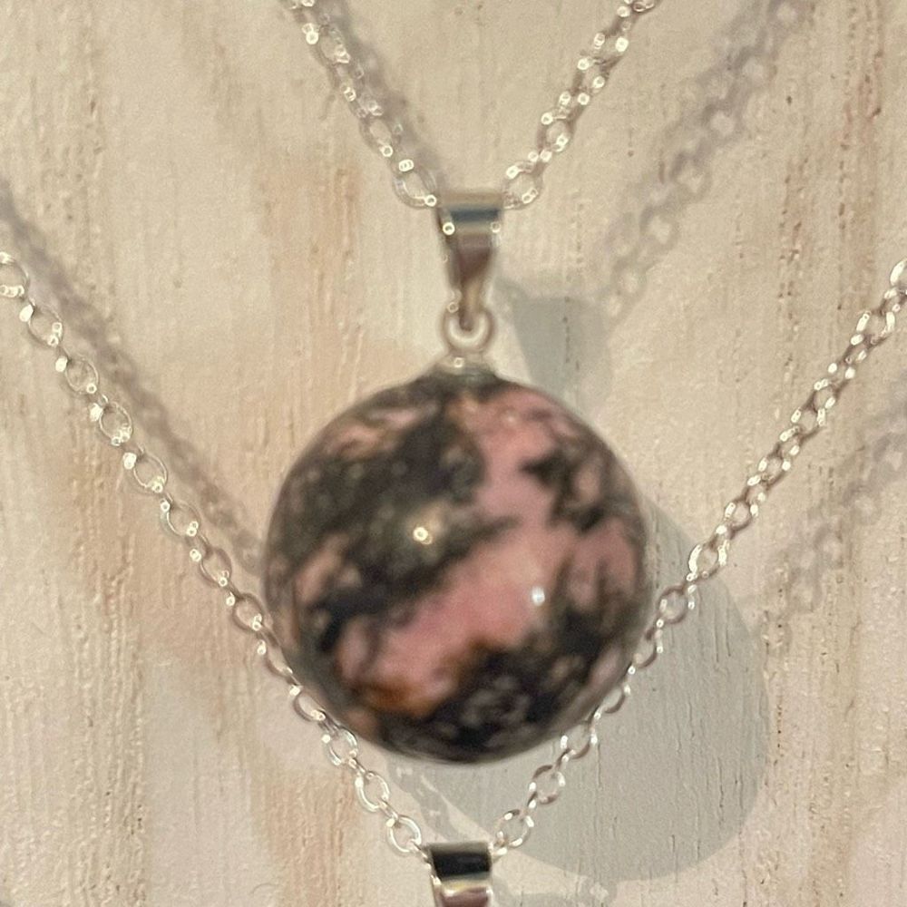 Rhodonite black vein pink mini sphere pendant 18” silver plated necklace crystal